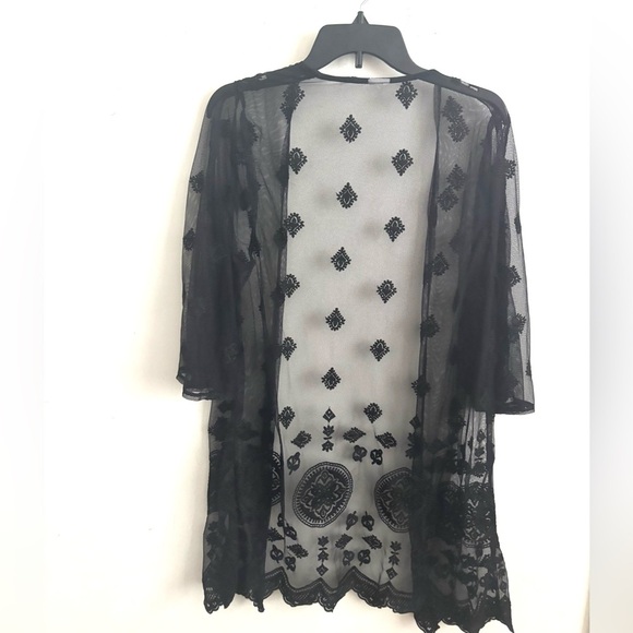 Black Sheer Mesh Embroidered Kimono Cardigan fairy indie Whimsigoth Layering M - Picture 1 of 5